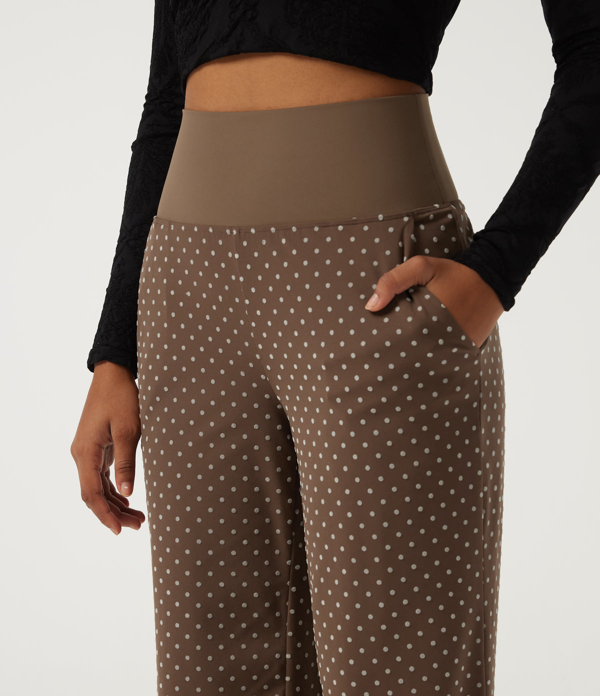 High Waisted Foldover Polka Dot Flare Casual Trousers with Pockets — Golden Brown Dot — view 5