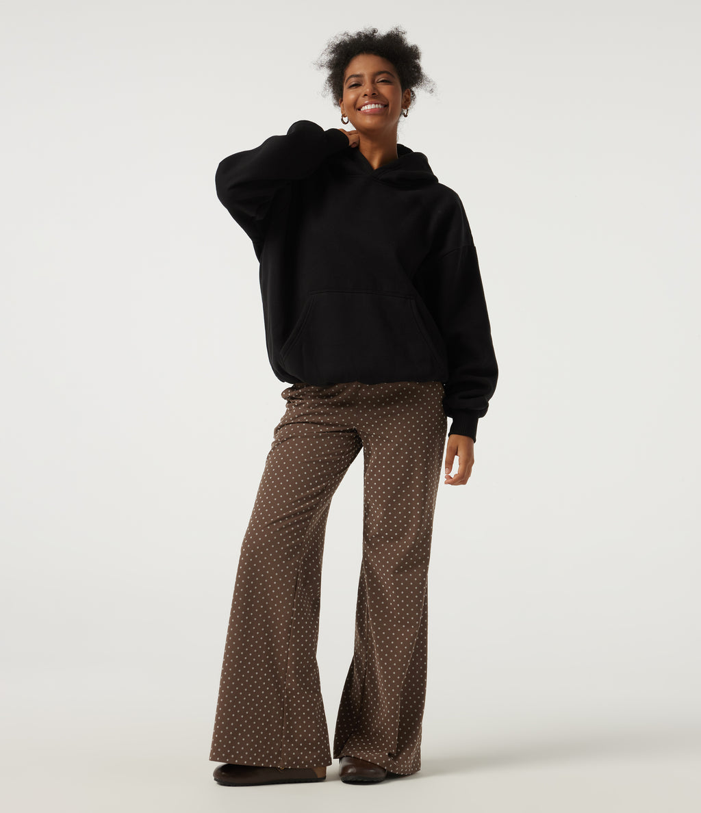High Waisted Foldover Polka Dot Flare Casual Trousers with Pockets — Golden Brown Dot — view 7