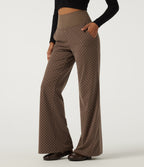 High Waisted Foldover Polka Dot Flare Casual Trousers with Pockets — Golden Brown Dot — view 1