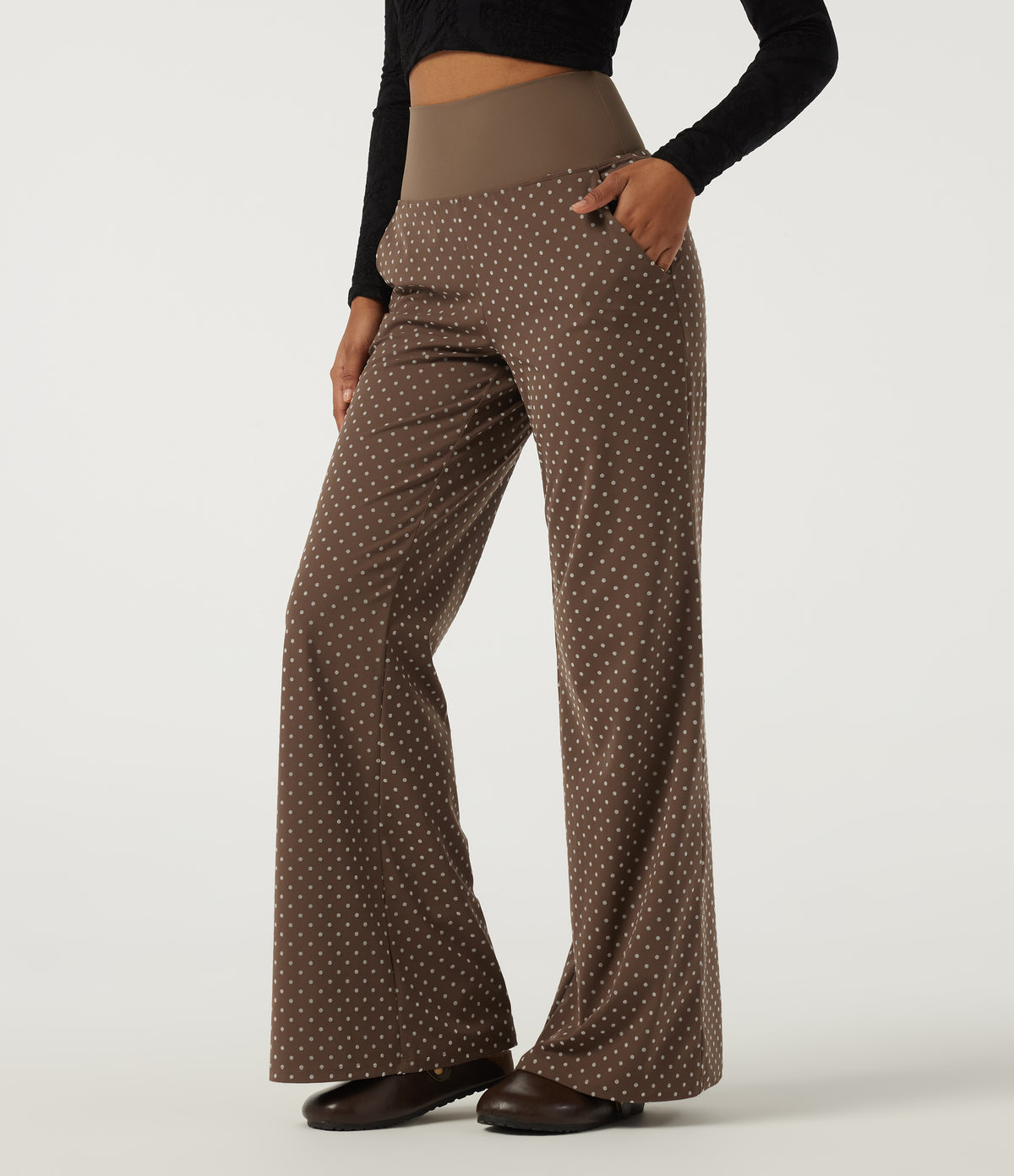 High Waisted Foldover Polka Dot Flare Casual Trousers with Pockets — Golden Brown Dot — view 1