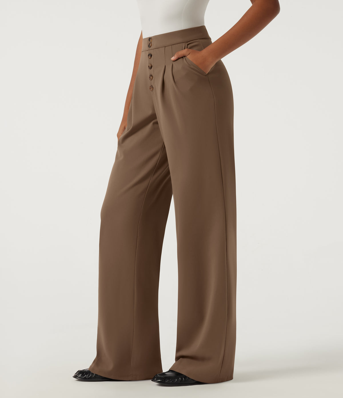 Mid Rise Straight Leg Work Trousers with Pockets — Sepia — view 3