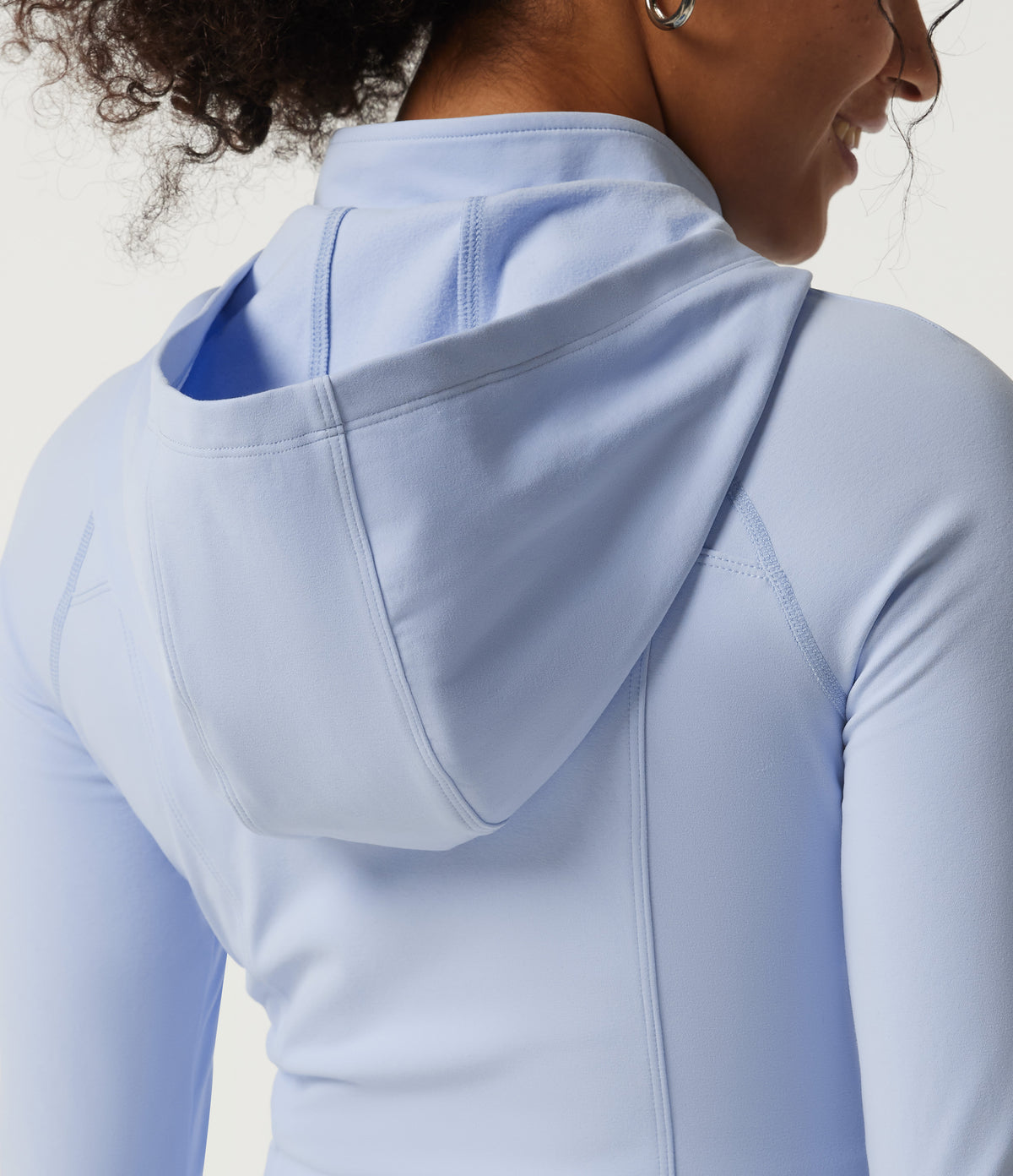 Hooded Long Sleeve Curved Hem Workout Jacket with Pockets — Angel Falls — view 7