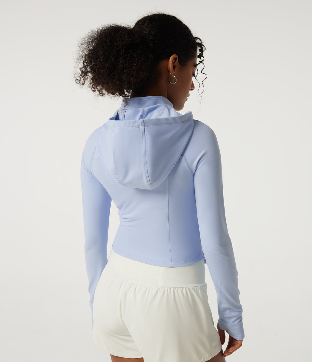 Hooded Long Sleeve Curved Hem Workout Jacket with Pockets — Angel Falls — view 2