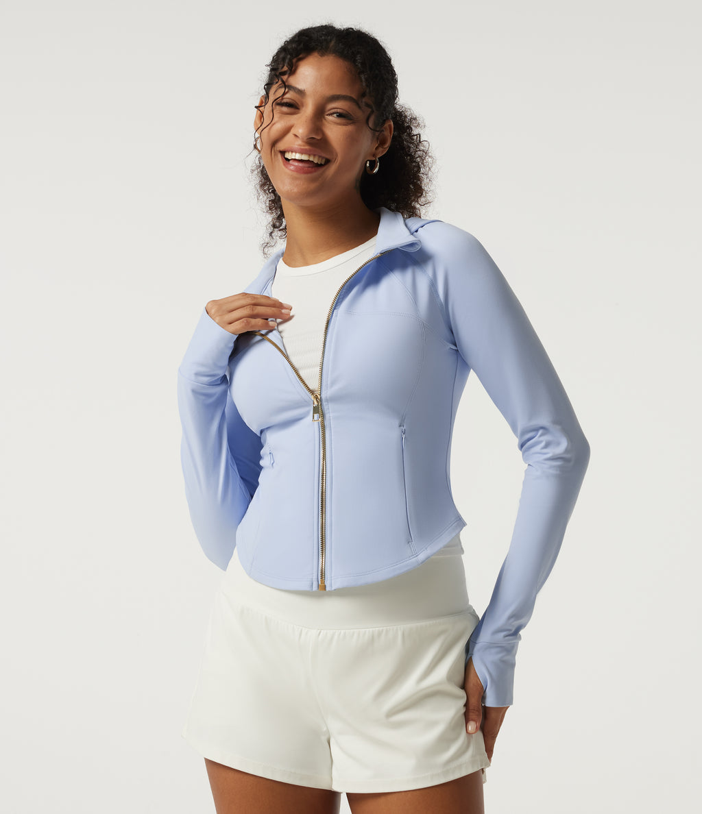Hooded Long Sleeve Curved Hem Workout Jacket with Pockets — Angel Falls — view 4