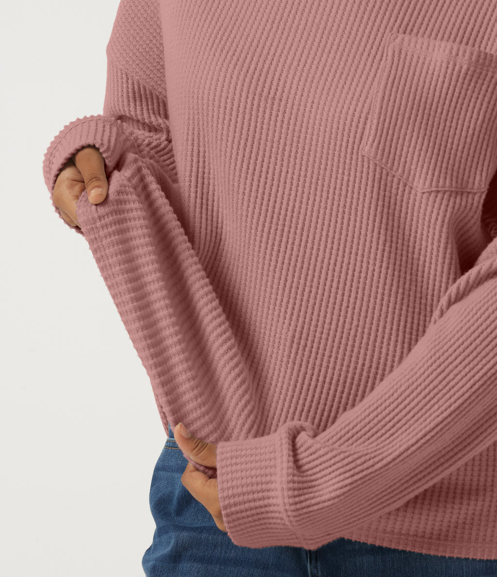 Round Neck Long Sleeve Dropped Waffle Casual Sweatshirt with Pocket — Wild Salmon — view 6