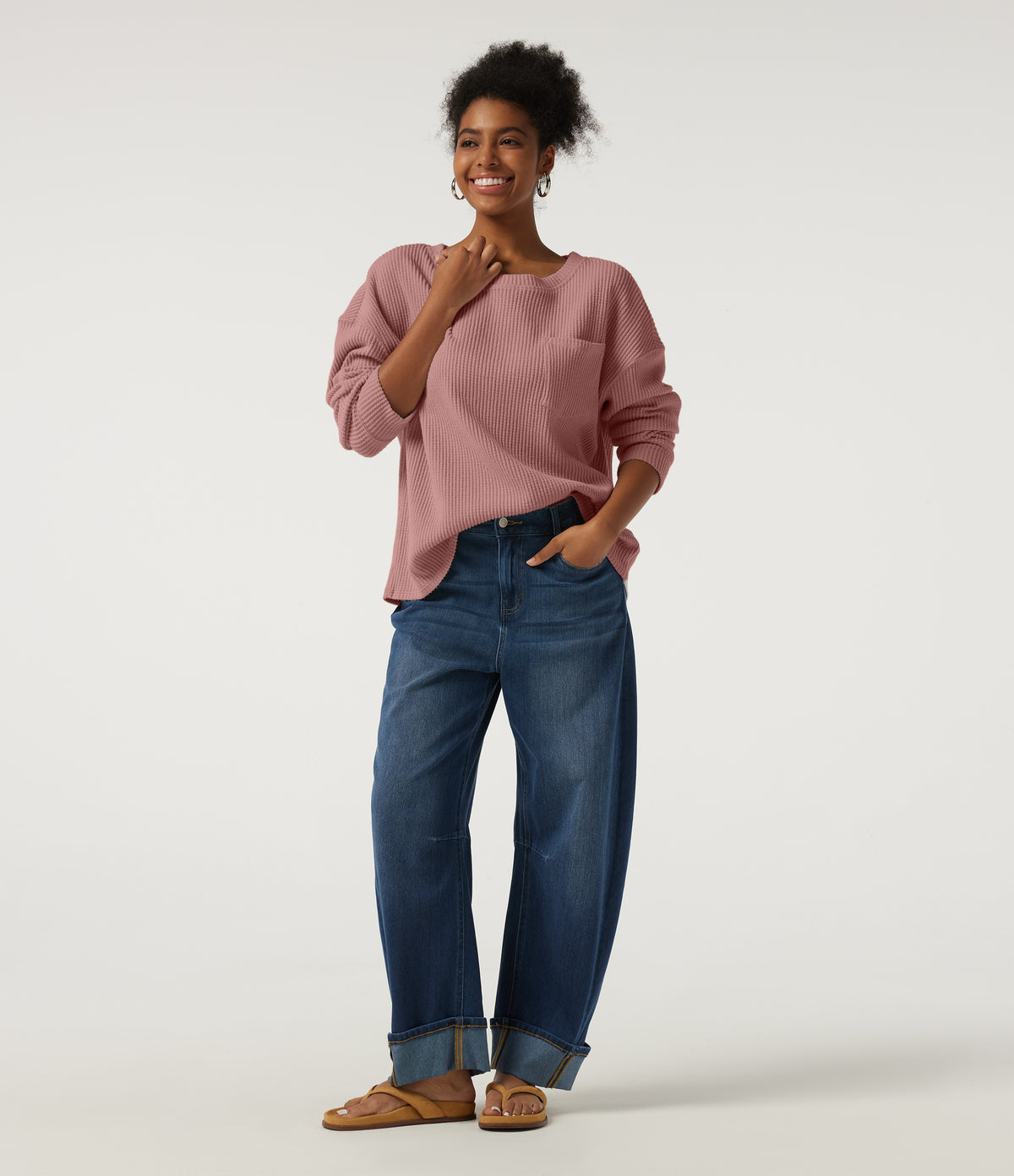 Round Neck Long Sleeve Dropped Waffle Casual Sweatshirt with Pocket — Wild Salmon — view 7