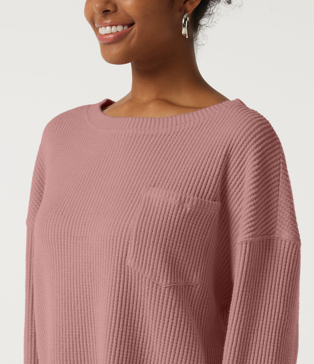 Round Neck Long Sleeve Dropped Waffle Casual Sweatshirt with Pocket — Wild Salmon — view 5