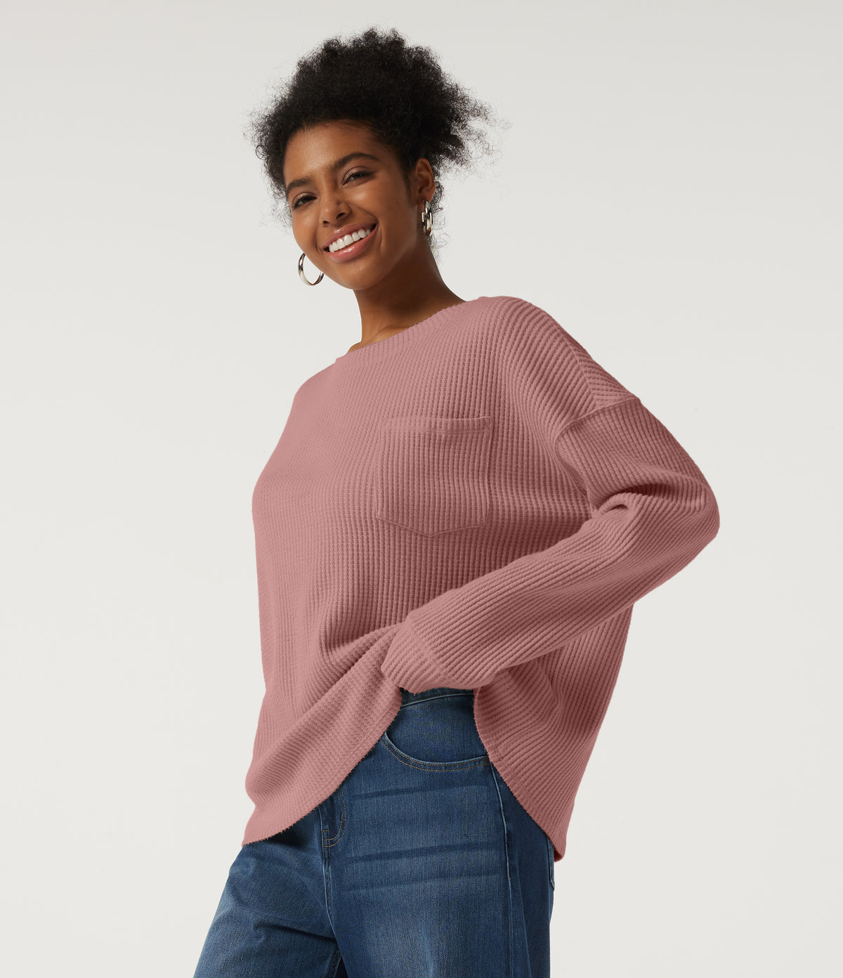 Round Neck Long Sleeve Dropped Waffle Casual Sweatshirt with Pocket — Wild Salmon — view 4