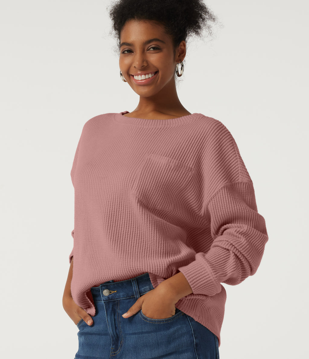 Round Neck Long Sleeve Dropped Waffle Casual Sweatshirt with Pocket — Wild Salmon — view 1