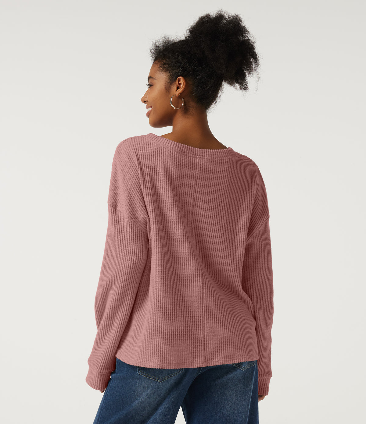 Round Neck Long Sleeve Dropped Waffle Casual Sweatshirt with Pocket — Wild Salmon — view 2