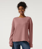 Round Neck Long Sleeve Dropped Waffle Casual Sweatshirt with Pocket — Wild Salmon — view 3