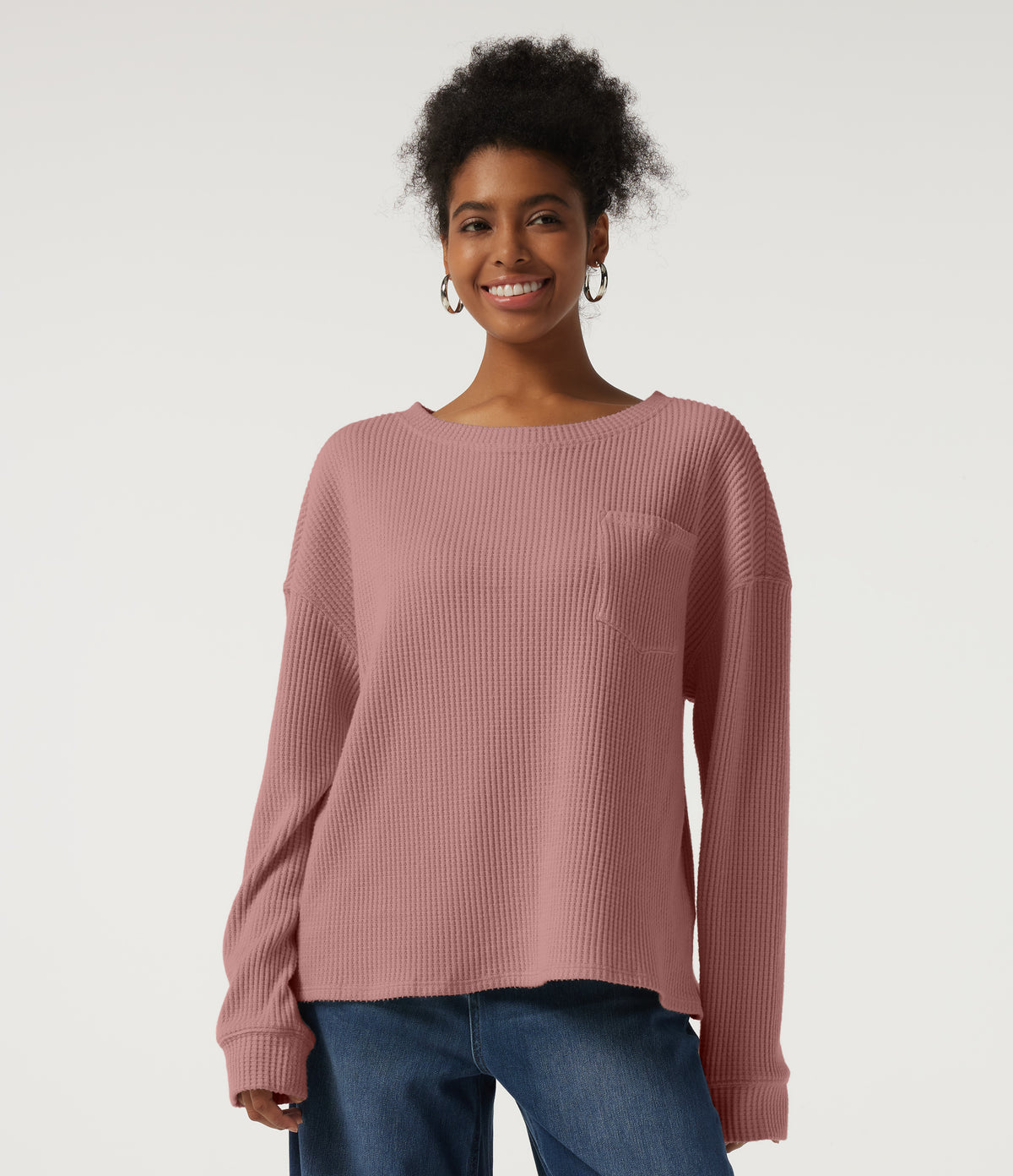 Round Neck Long Sleeve Dropped Waffle Casual Sweatshirt with Pocket — Wild Salmon — view 3