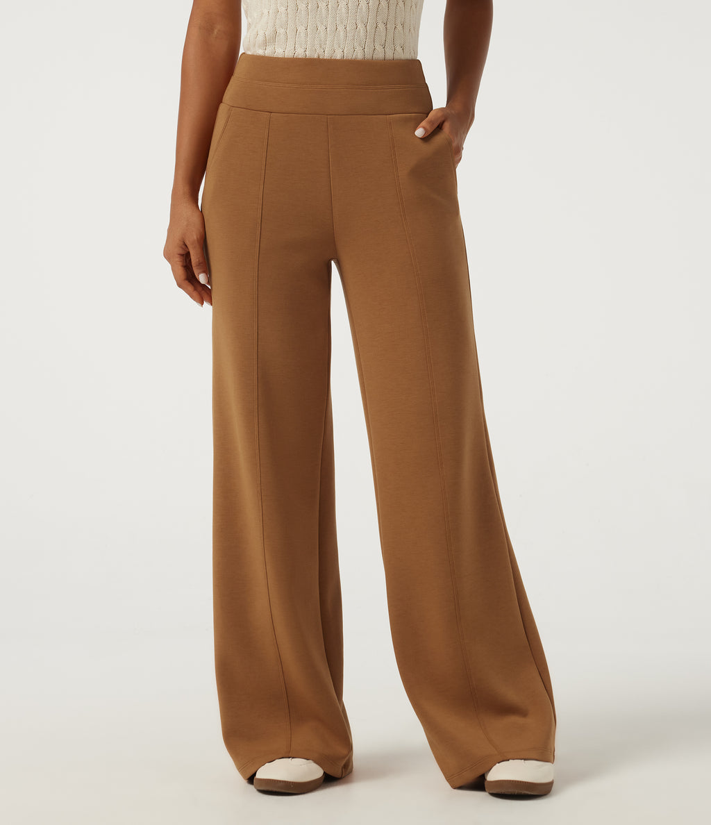 SpacerTek High Waisted Wide Leg Pintuck Work Trousers with Pockets — Glazed Ginger — view 1