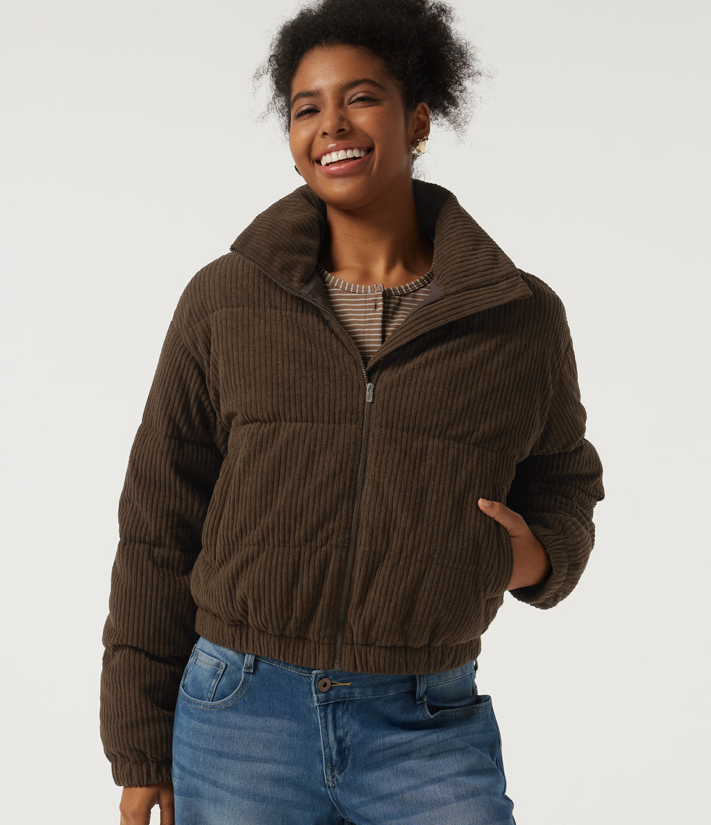 Stand Collar Corduroy Casual Puffer Jacket with Pockets — Carafe — view 1