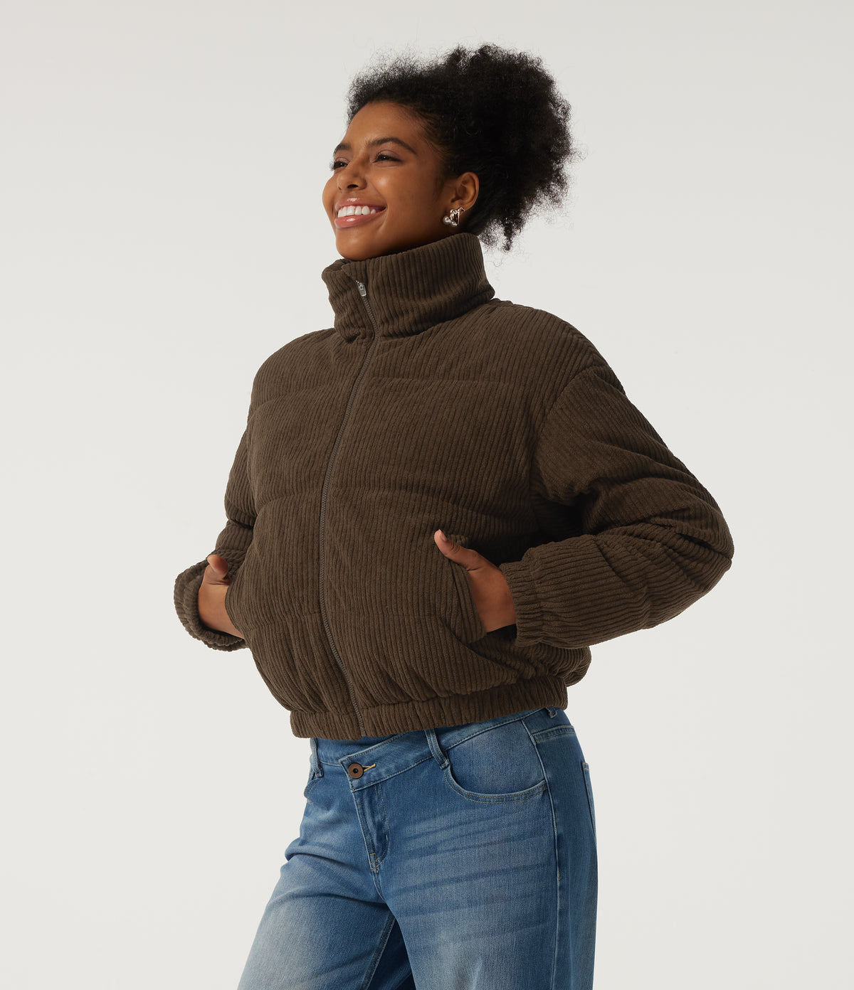 Stand Collar Corduroy Casual Puffer Jacket with Pockets — Carafe — view 3