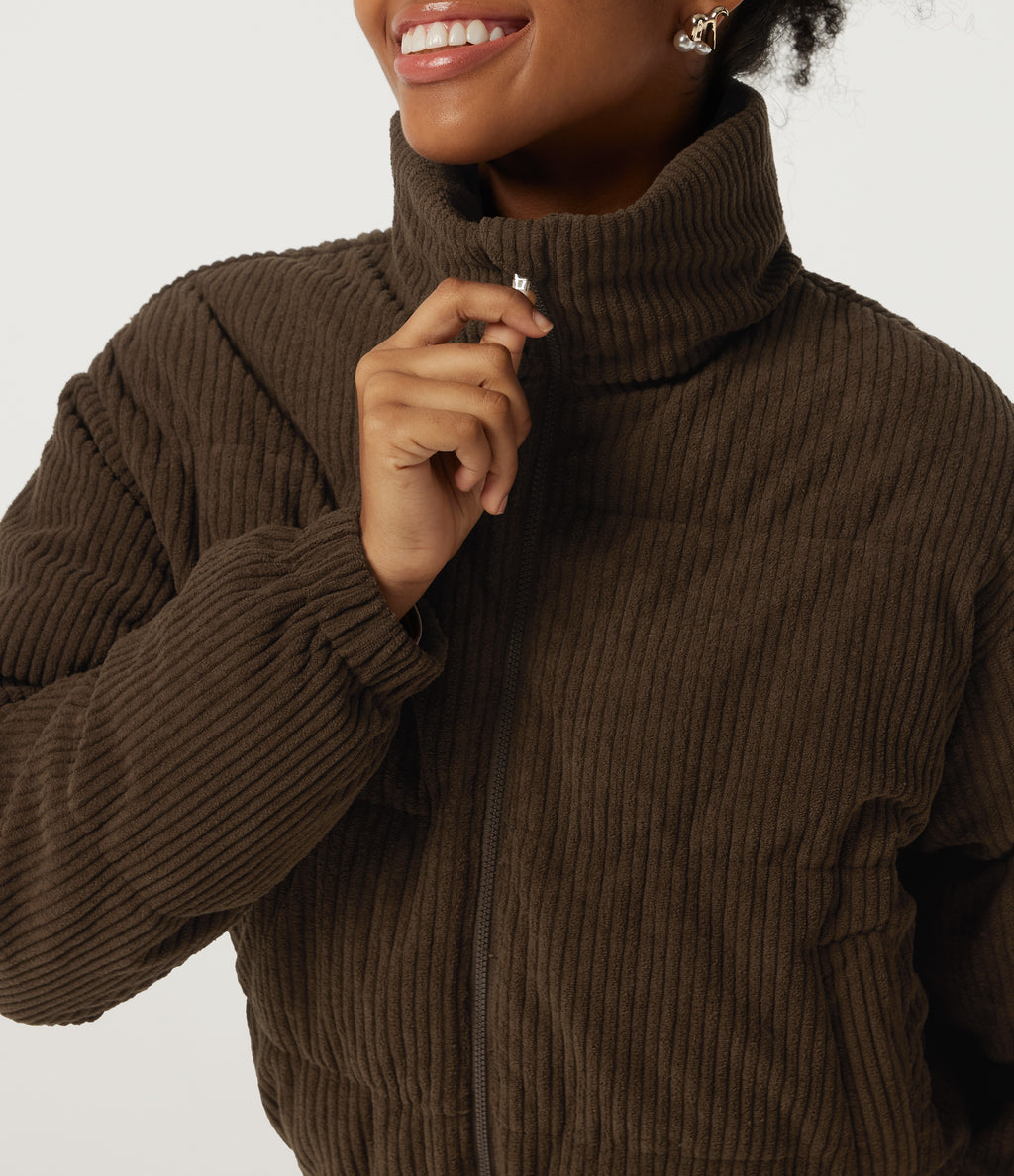 Stand Collar Corduroy Casual Puffer Jacket with Pockets — Carafe — view 5