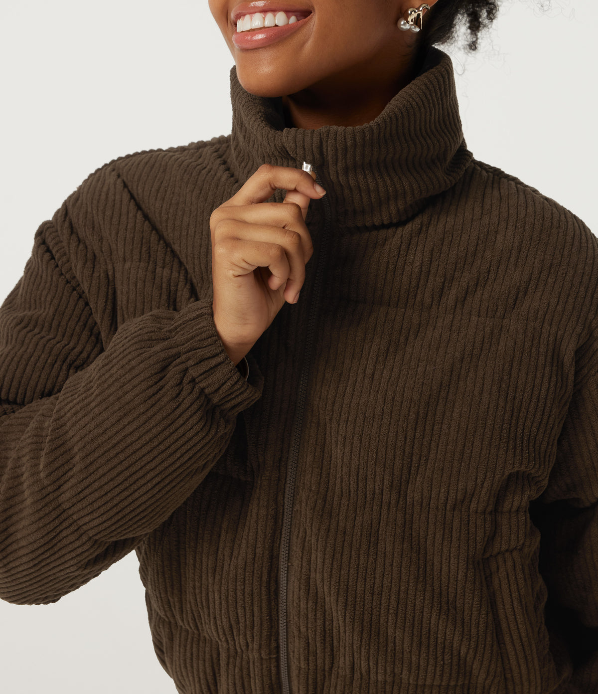 Stand Collar Corduroy Casual Puffer Jacket with Pockets — Carafe — view 5