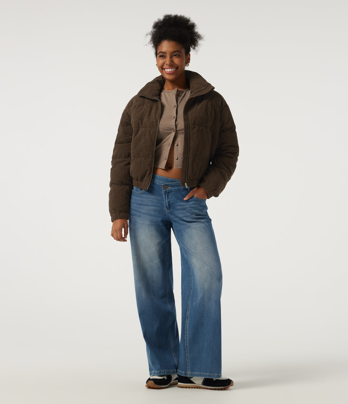 Stand Collar Corduroy Casual Puffer Jacket with Pockets — Carafe — view 7