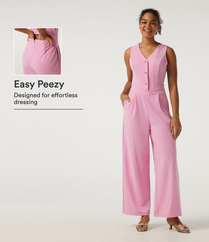 V Neck Sleeveless Wide Leg Work Jumpsuit with Pockets - Edition — Prism Pink — view 1
