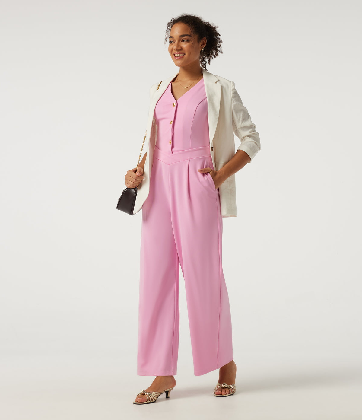 V Neck Sleeveless Wide Leg Work Jumpsuit with Pockets - Edition — Prism Pink — view 7