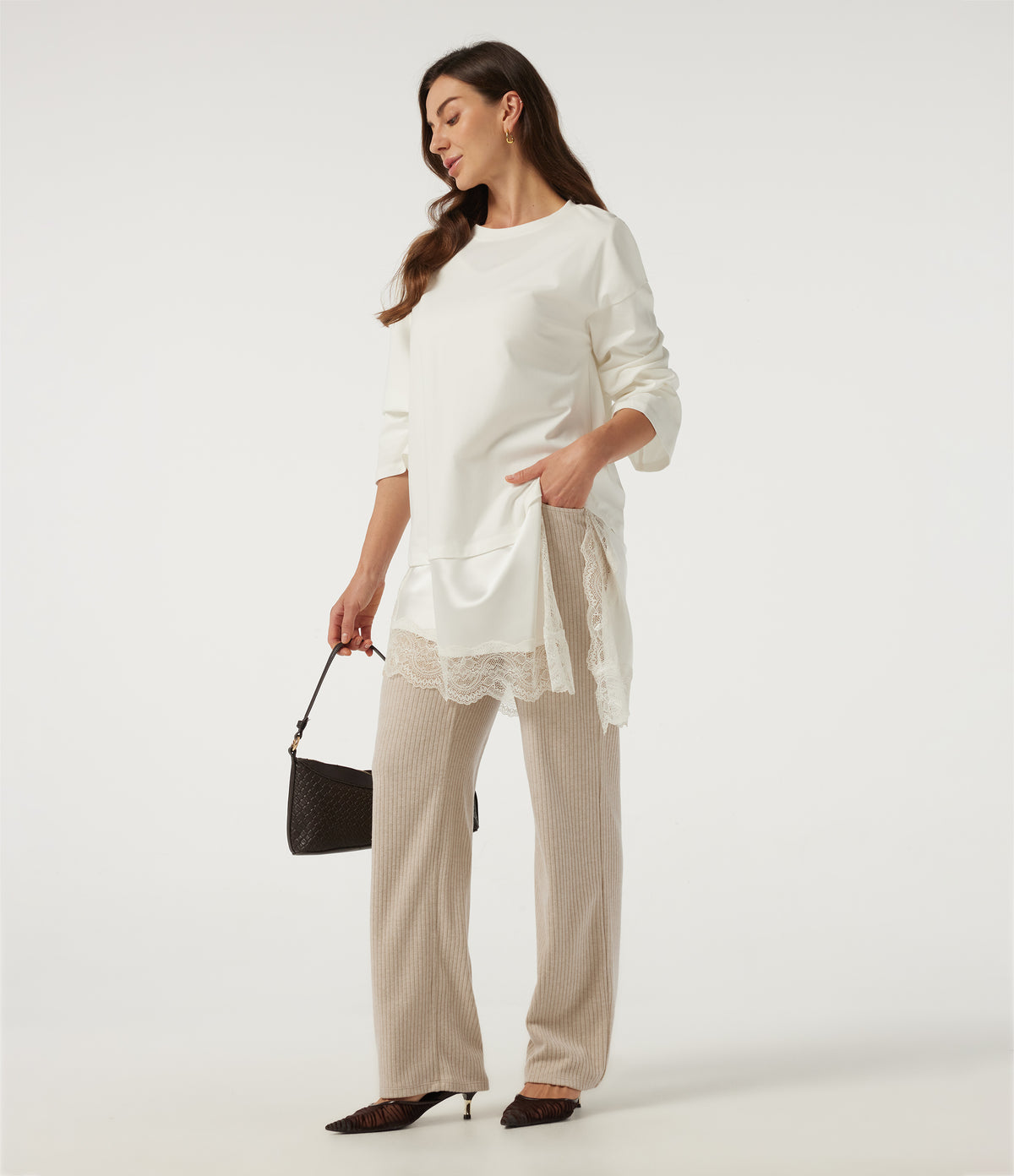 Ribbed Knit High Waisted Crossover Straight Leg Casual Trousers with Pockets — Fog — view 6