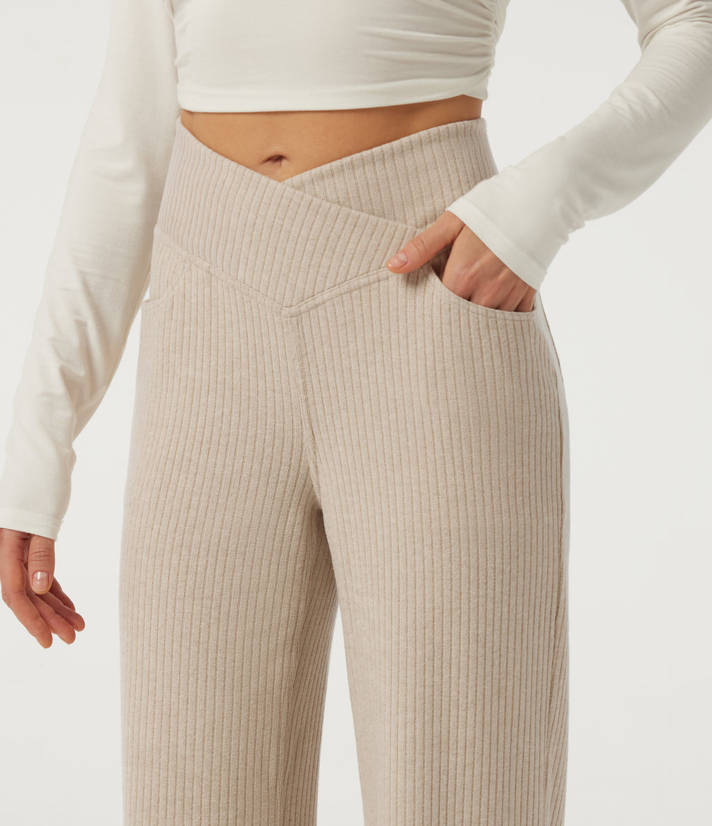 Ribbed Knit High Waisted Crossover Straight Leg Casual Trousers with Pockets — Fog — view 4