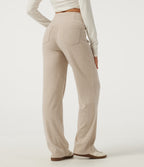 Ribbed Knit High Waisted Crossover Straight Leg Casual Trousers with Pockets — Fog — view 2