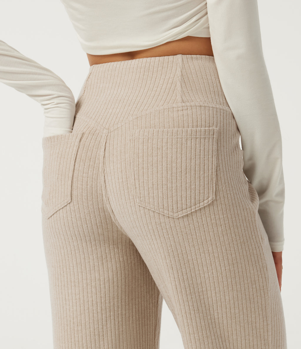 Ribbed Knit High Waisted Crossover Straight Leg Casual Trousers with Pockets — Fog — view 5