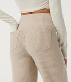 Ribbed Knit High Waisted Crossover Straight Leg Casual Trousers with Pockets — Fog — view 5