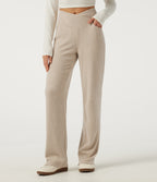 Ribbed Knit High Waisted Crossover Straight Leg Casual Trousers with Pockets — Fog — view 1