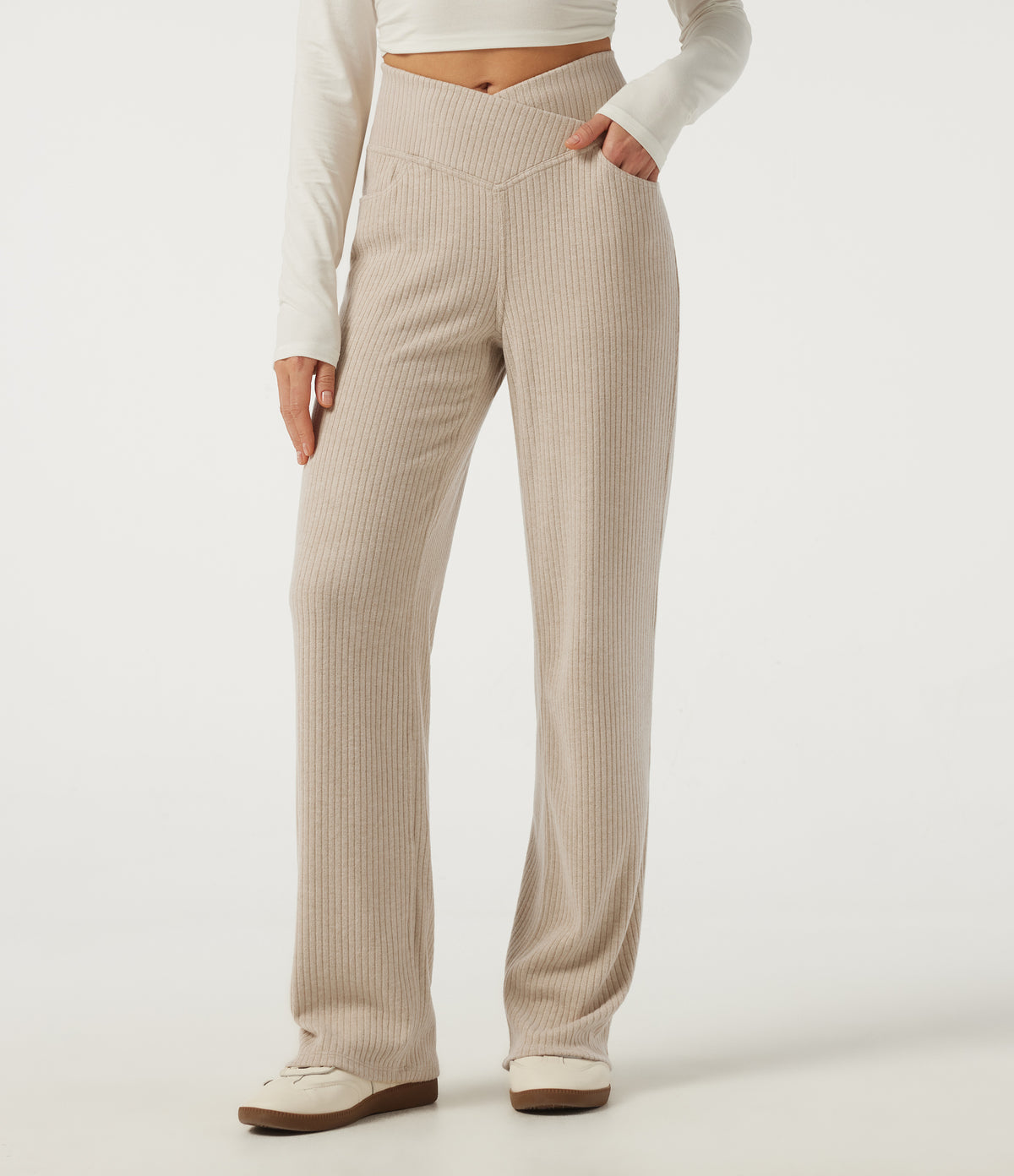 Ribbed Knit High Waisted Crossover Straight Leg Casual Trousers with Pockets — Fog — view 1