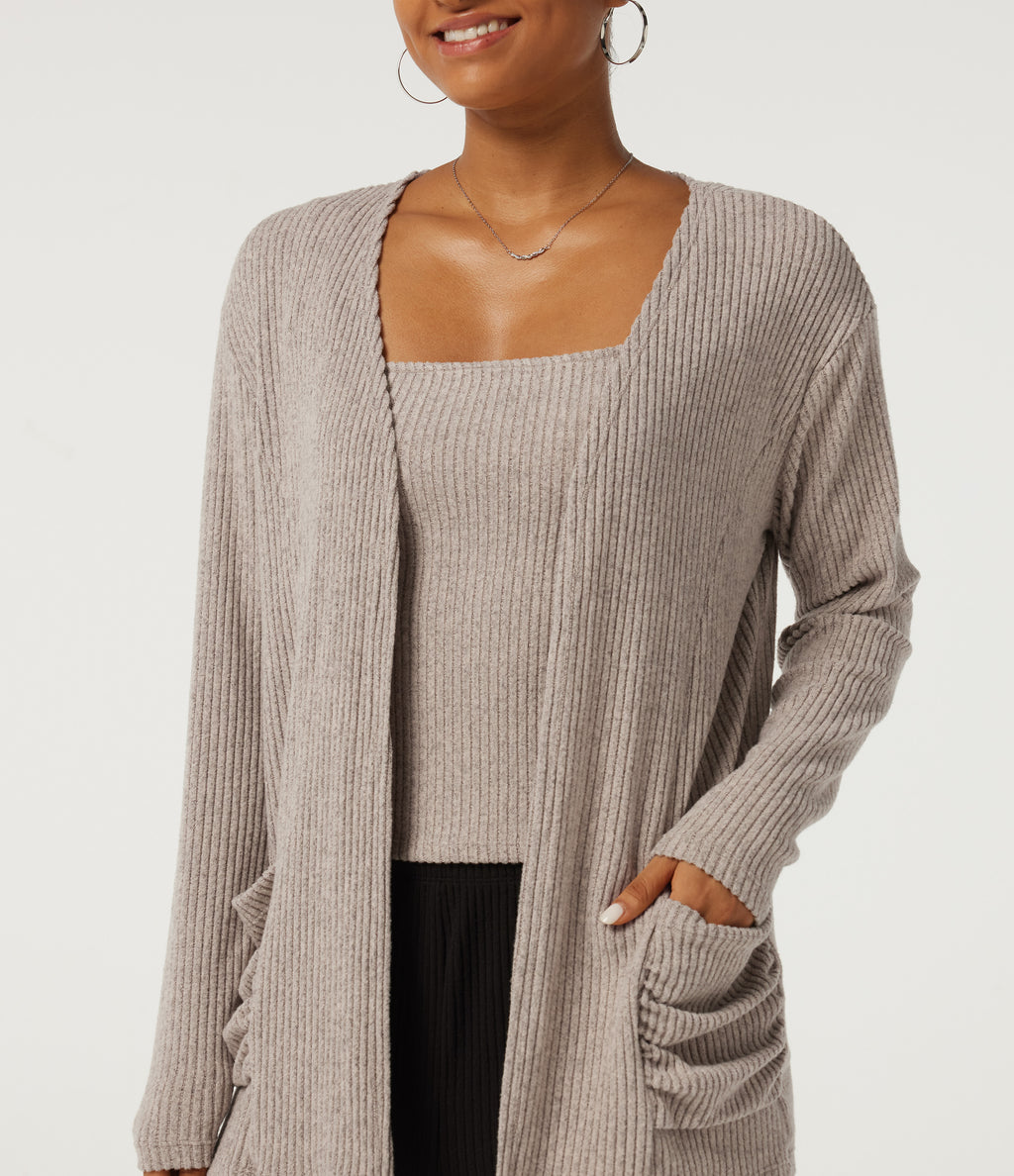 Ribbed Knit Long Sleeve Casual Cardigans with Pockets — Smoked Olive — view 5