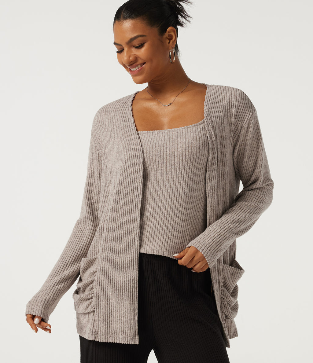 Ribbed Knit Long Sleeve Casual Cardigans with Pockets — Smoked Olive — view 1
