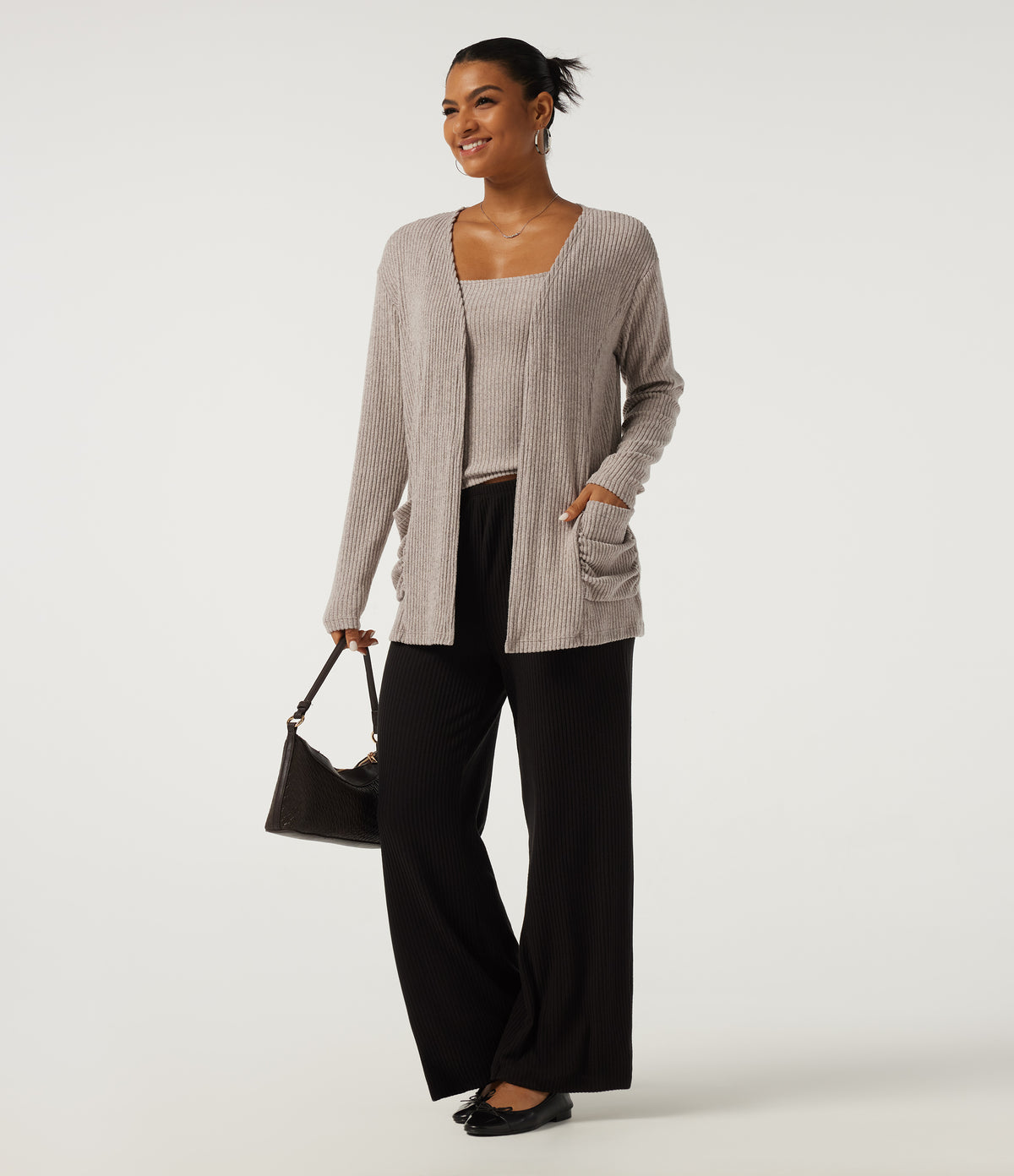 Ribbed Knit Long Sleeve Casual Cardigans with Pockets — Smoked Olive — view 6