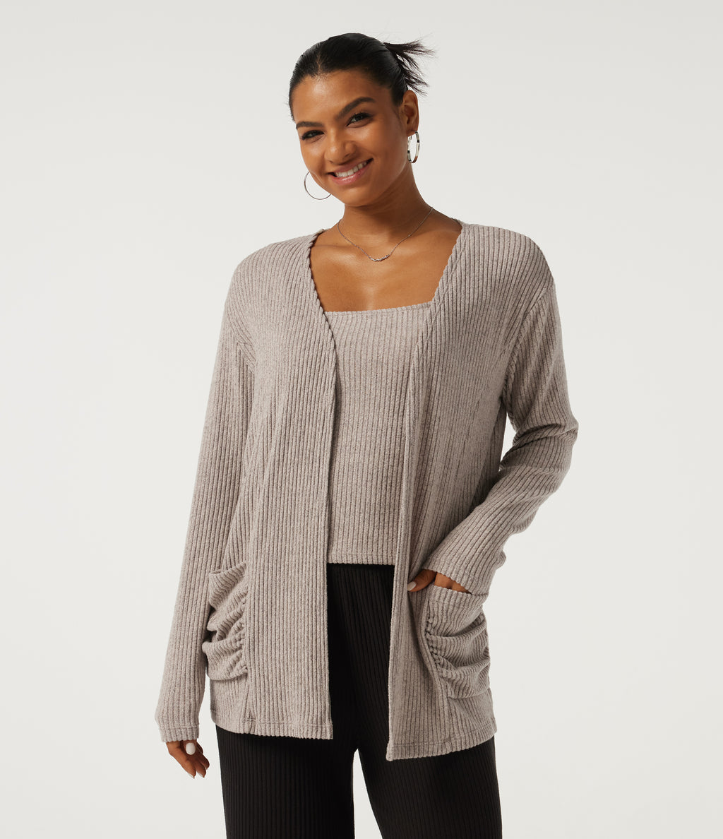 Ribbed Knit Long Sleeve Casual Cardigans with Pockets — Smoked Olive — view 4