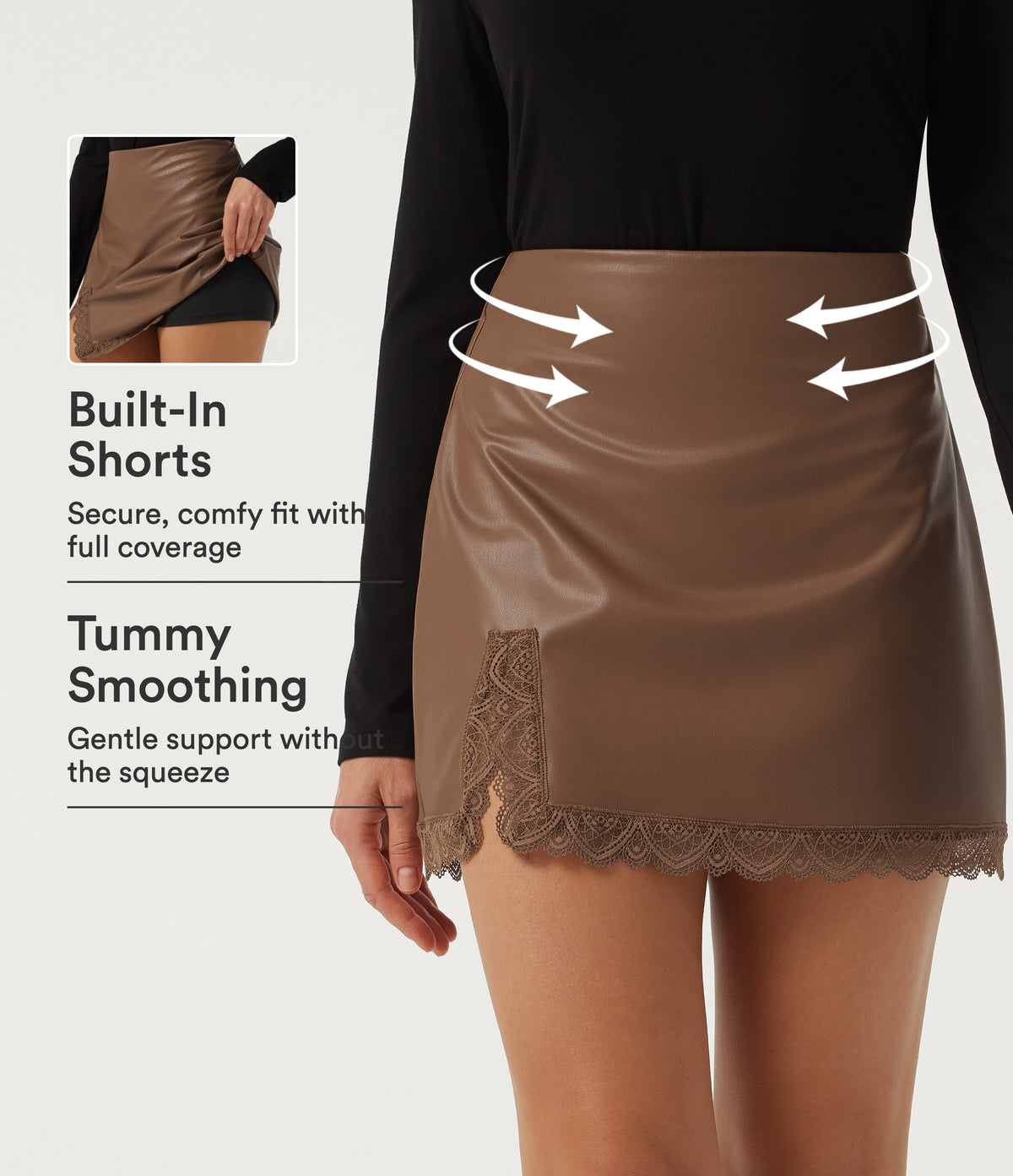 High Waisted Tummy Control Contrast Lace Fleece Party PU Leather Mini Skirt with Built-in Shorts — Rustic Brown — view 1