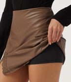 High Waisted Tummy Control Contrast Lace Fleece Party PU Leather Mini Skirt with Built-in Shorts — Rustic Brown — view 5