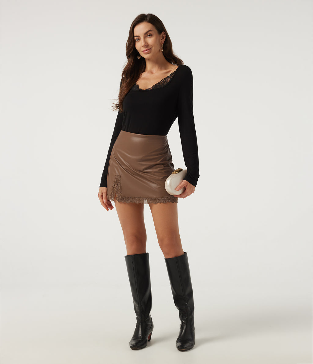 High Waisted Tummy Control Contrast Lace Fleece Party PU Leather Mini Skirt with Built-in Shorts — Rustic Brown — view 6