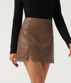High Waisted Tummy Control Contrast Lace Fleece Party PU Leather Mini Skirt with Built-in Shorts — Rustic Brown — view 3