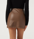 High Waisted Tummy Control Contrast Lace Fleece Party PU Leather Mini Skirt with Built-in Shorts — Rustic Brown — view 2