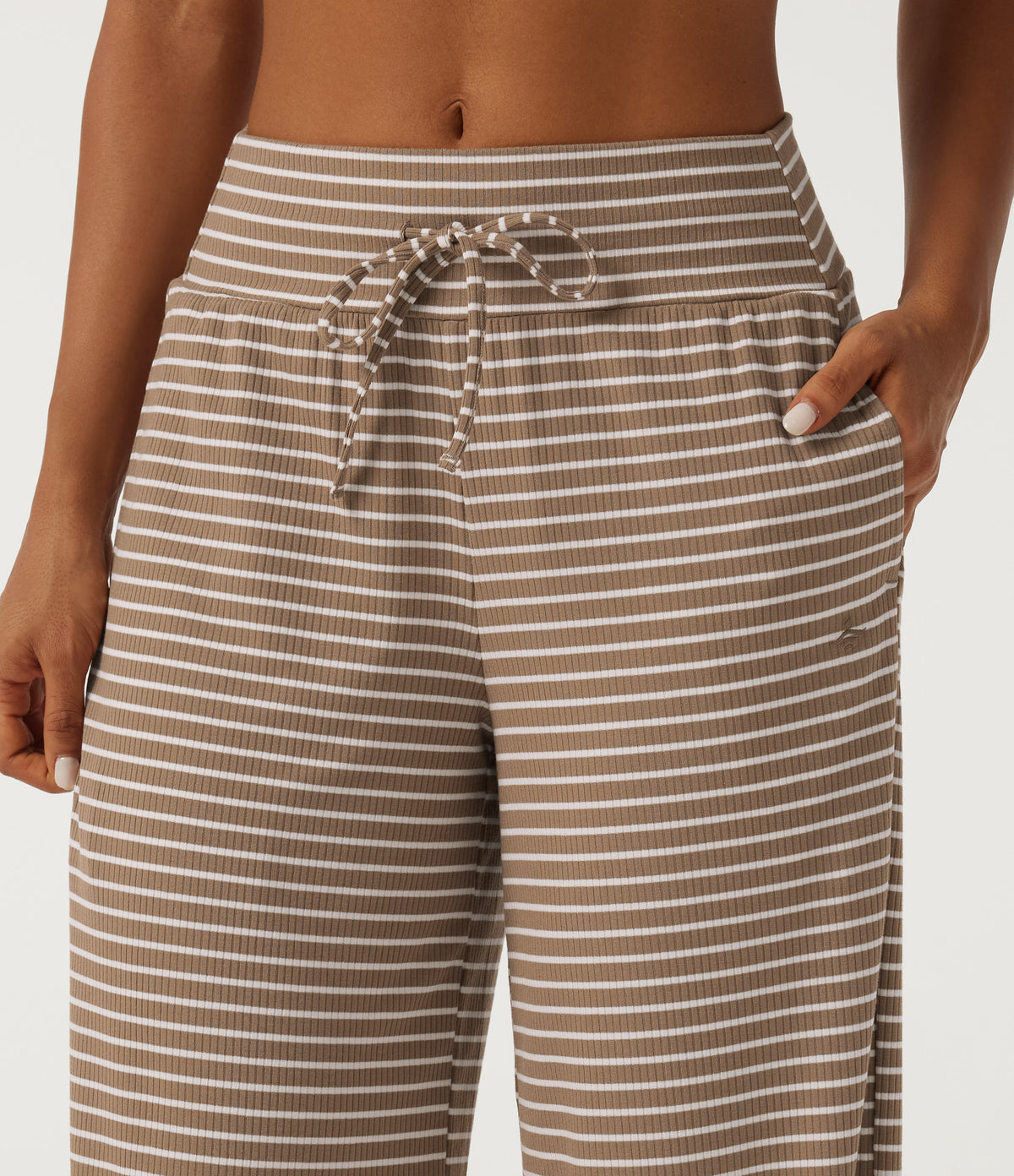 Mid Rise Drawstring Baggy Stripe Casual Trousers with Pockets — Wheat Dune Taupe — view 4