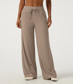 Mid Rise Drawstring Baggy Stripe Casual Trousers with Pockets — Wheat Dune Taupe — view 1