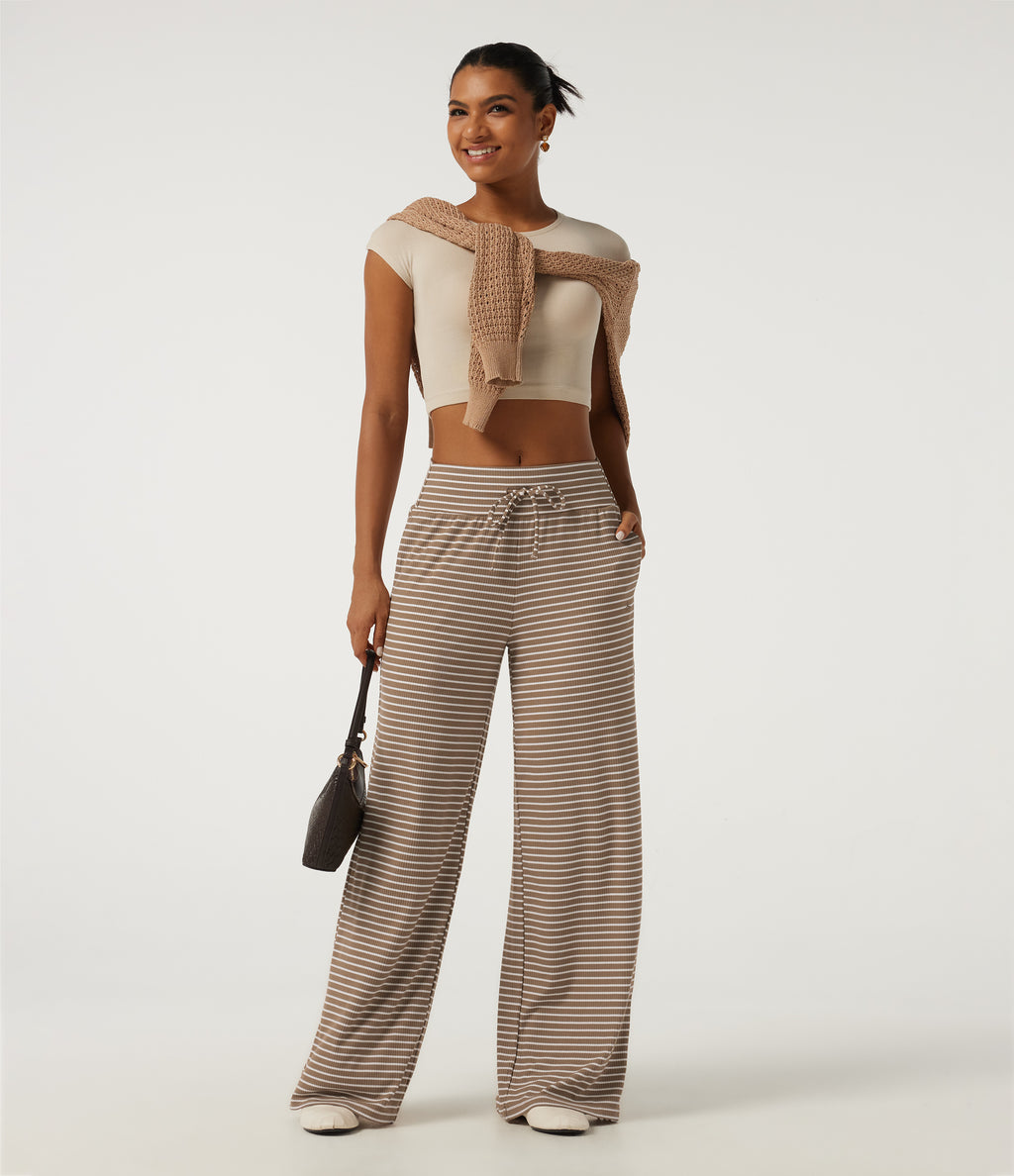 Mid Rise Drawstring Baggy Stripe Casual Trousers with Pockets — Wheat Dune Taupe — view 6