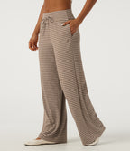 Mid Rise Drawstring Baggy Stripe Casual Trousers with Pockets — Wheat Dune Taupe — view 3