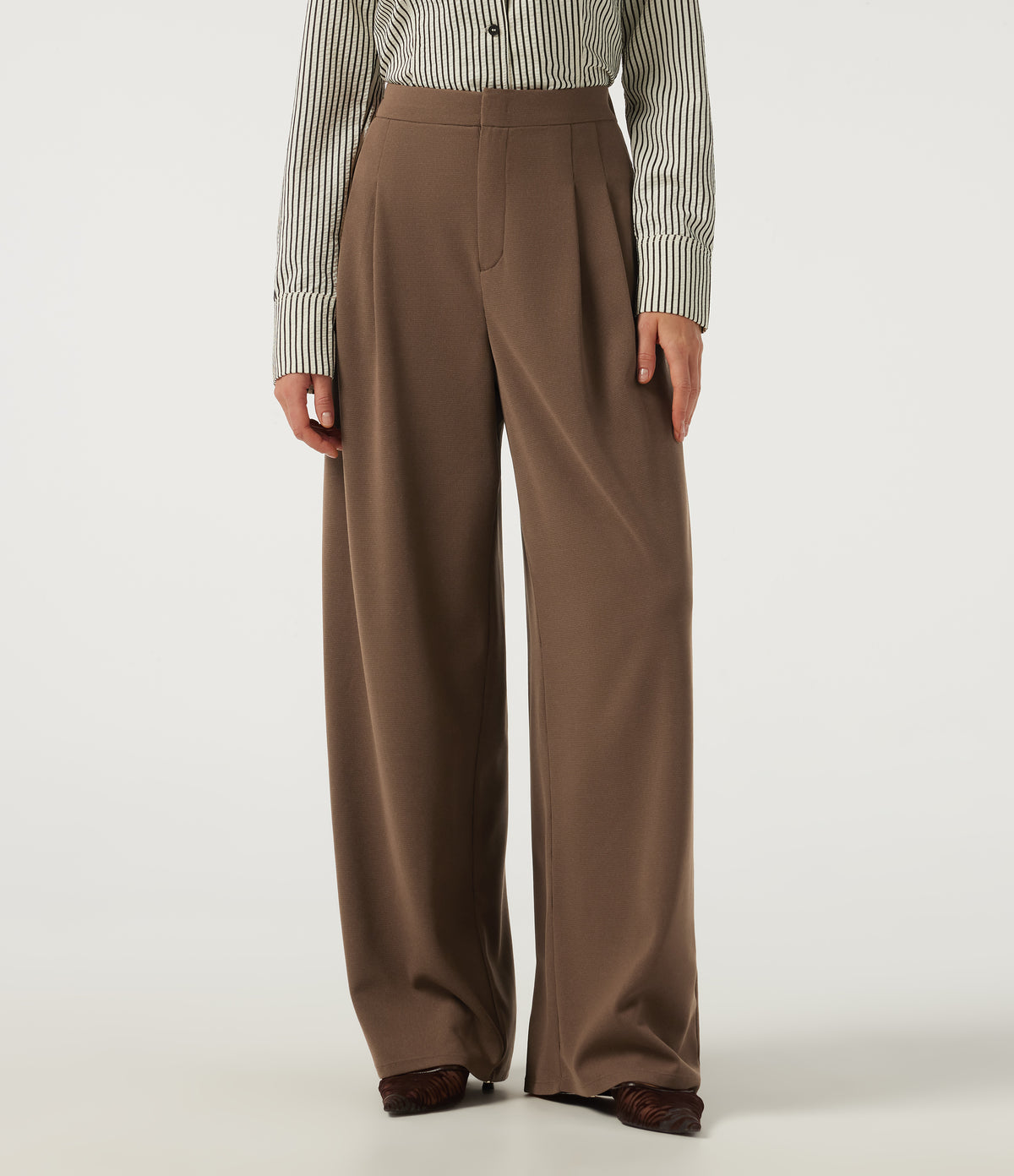 High Waisted Barrel Leg Waffle Work Trousers with Pockets — Partridge — view 1