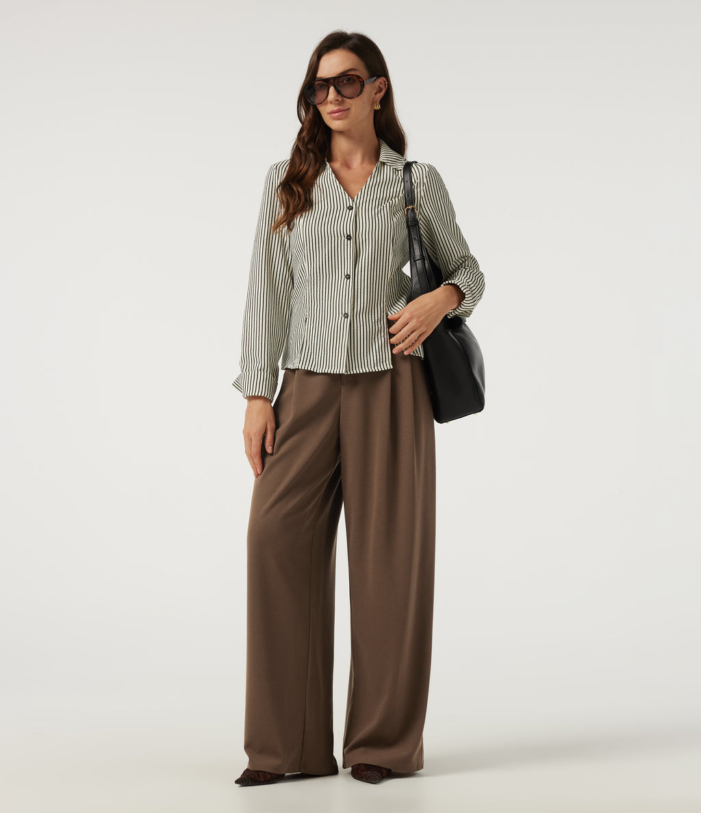 High Waisted Barrel Leg Waffle Work Trousers with Pockets — Partridge — view 6
