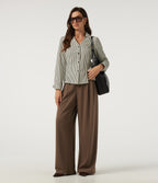 High Waisted Barrel Leg Waffle Work Trousers with Pockets — Partridge — view 6
