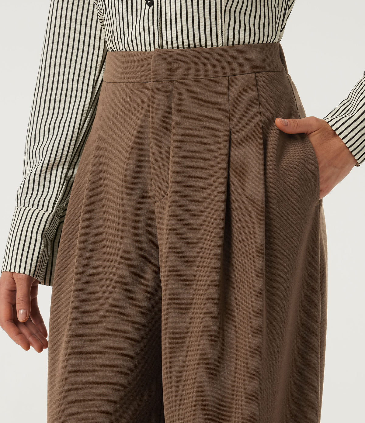 High Waisted Barrel Leg Waffle Work Trousers with Pockets — Partridge — view 4