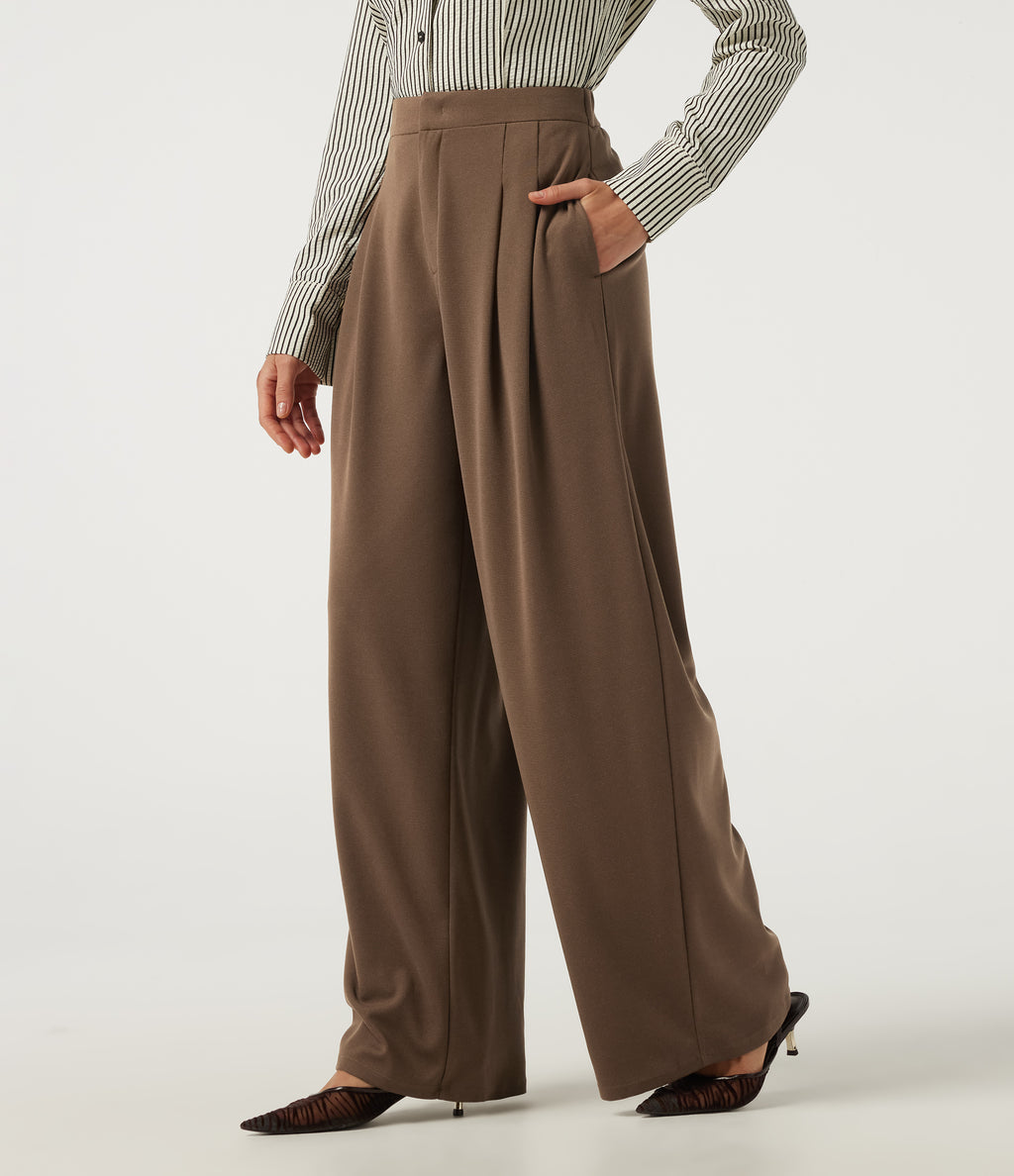 High Waisted Barrel Leg Waffle Work Trousers with Pockets — Partridge — view 3
