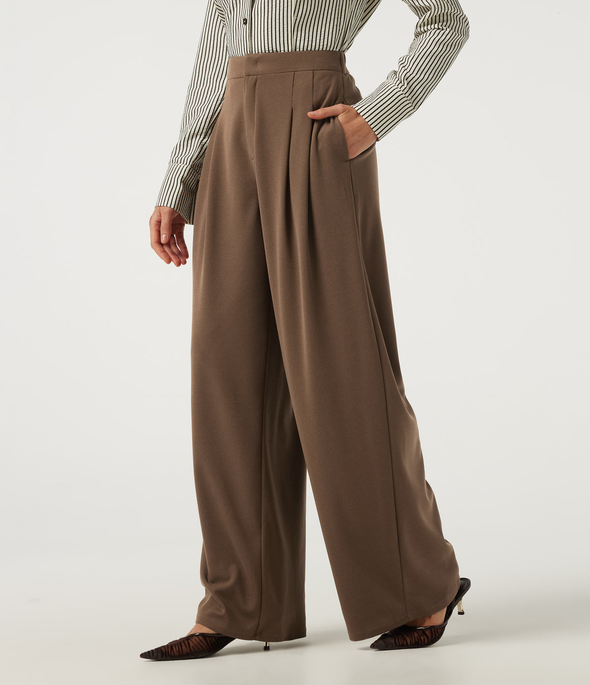 High Waisted Barrel Leg Waffle Work Trousers with Pockets — Partridge — view 3